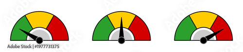 Set of 3-Stage Gauge Symbol Sign Icons Transitioning from Green Yellow to Red for Visualizing Speed, Risk, Market Sentiment, Performance and Fear Index Metrics in Speedometer Style. Vector Image.