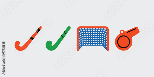 Field Hockey Equipment Icons Set - Sticks, Goal & Whistle for Sports Concepts