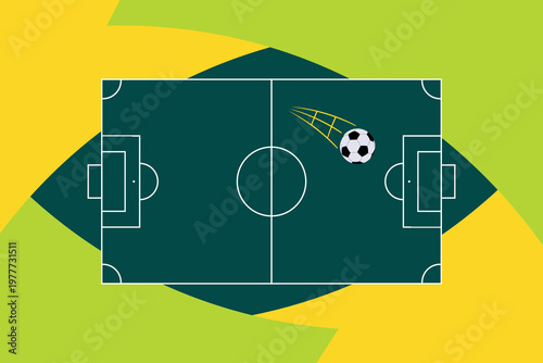 Banner design featuring a football field with markings and a flying ball. 2026 World Cup. Vector illustration.