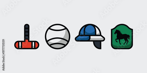 Sports Equipment Icons Set with Hockey Stick Baseball Cap Horse Racing Emblem Flat Vector