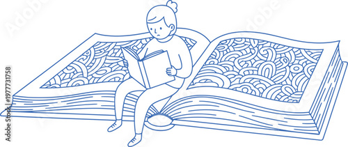 Hand Drawn Whimsical Character Sitting on Large Book, Playful Blue Ink Vector