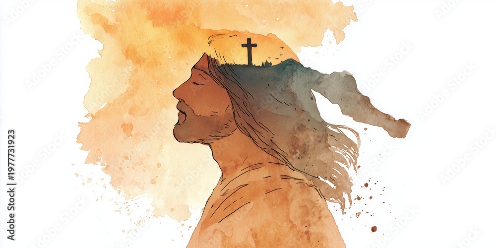Fototapeta premium a side profile of jesus, with the silhouette of an empty cross superimposed on his head, set against a warm background with soft orange and brown hues Generative AI