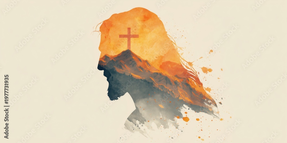 Fototapeta premium minimalist double exposure illustration of the silhouette of jesus' head with an easter cross on top, in muted colors in front of it lies an orange mountain range, with subtle watercolor Generative AI