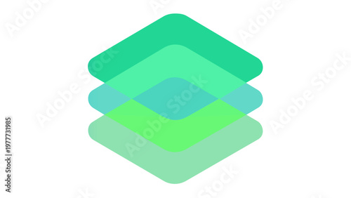 Abstract vector illustration featuring three stacked translucent rhombus layers with vibrant blue and green gradients, minimalist flat design icon for creative software, digital layers, and data.