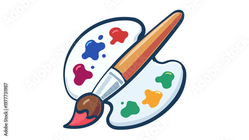 Vibrant vector illustration of a classic artist palette with colorful paint splotches and a wooden paintbrush. Minimalist flat icon design perfect for creativity, art education, and design.