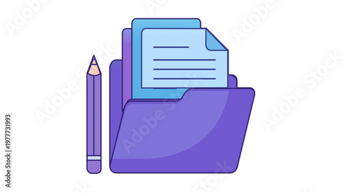 Professional vector icon illustration featuring a blue gradient folder filled with document papers and a pencil, representing graphic design studio, office organization, and creative workflow.