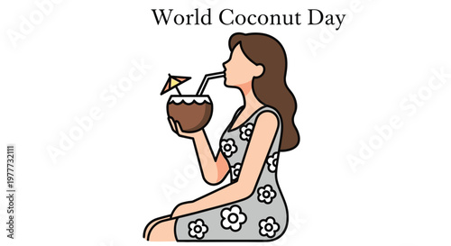 Woman enjoying a refreshing coconut drink with a straw and floral dress with world coconut day text