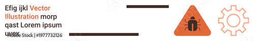 Cybersecurity, system error, malware detection, warning signs, threat monitoring, software troubleshooting. Bug icon in a warning triangle next to a gear symbol. Cybersecurity and system error