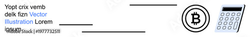 Cryptocurrency, finance technology, blockchain, digital currency, investment, accounting. Bitcoin symbol next to a calculator. Cryptocurrency and financial technology concepts