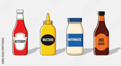 Set of condiment bottles including ketchup, mustard, mayonnaise, and bbq sauce