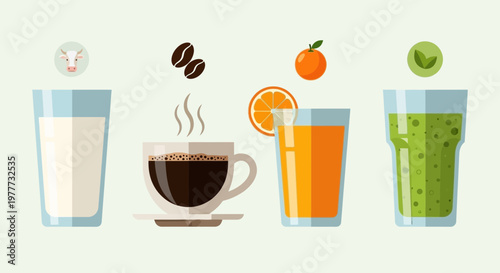 Set of different drinks in glasses and cup, milk, coffee, orange juice and smoothie