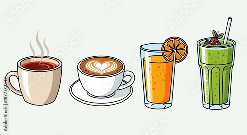 Set of various drinks including coffee, latte, orange juice and green smoothie