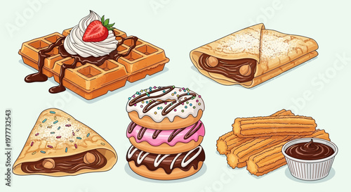 Set of delicious sweet desserts including waffles, crepes, donuts and churros