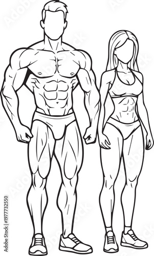 Muscular male and female fitness models standing side-by-side in neutral stance with defined abs and quads, clean contour line black and white vector illustration
