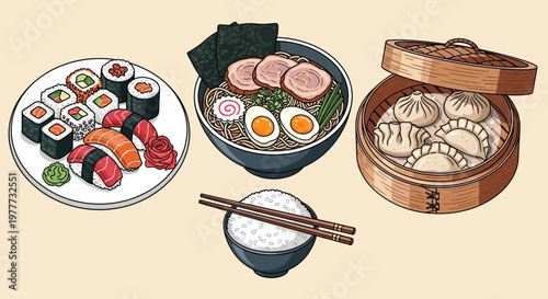 Set of traditional asian food including sushi, ramen, dumplings and rice