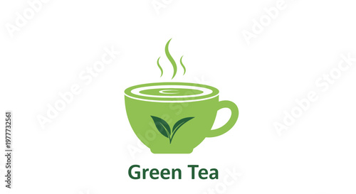 Green tea cup icon with steam and leaf design