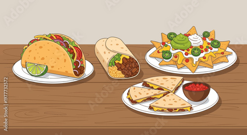 Set of delicious mexican food including taco, burrito, nachos and quesadillas