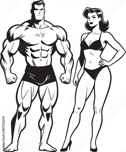 Hyper-muscular male bodybuilder and curvaceous pin-up style woman standing side by side in classic glamour pose, retro comic book aesthetic black and white vector illustration
