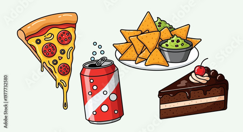 Set of fast food items including pizza slice, soda can, nachos and cake slice
