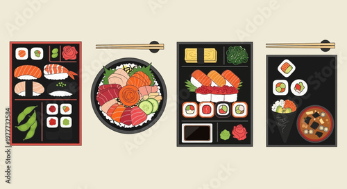 Set of various japanese sushi dishes, sashimi, and bento boxes