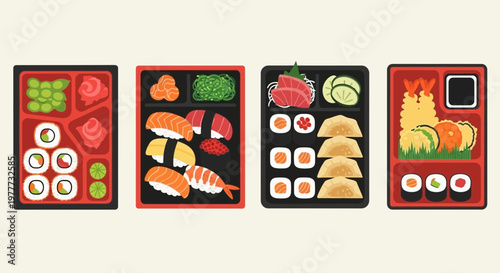 Set of four different japanese bento boxes with sushi, sashimi, and tempura
