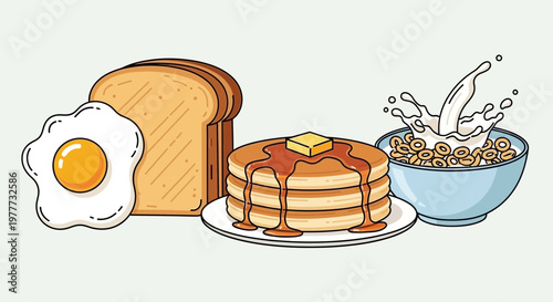 Illustration of a delicious breakfast set with eggs, toast, pancakes, and cereal