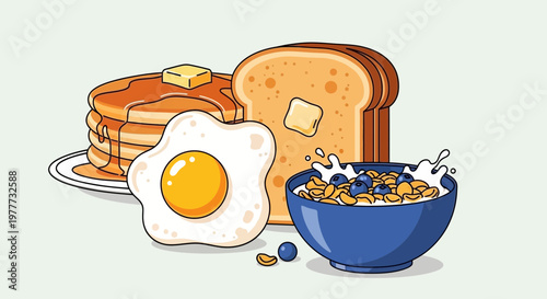 Breakfast set with pancakes, fried egg, toast and a bowl of cereal with berries