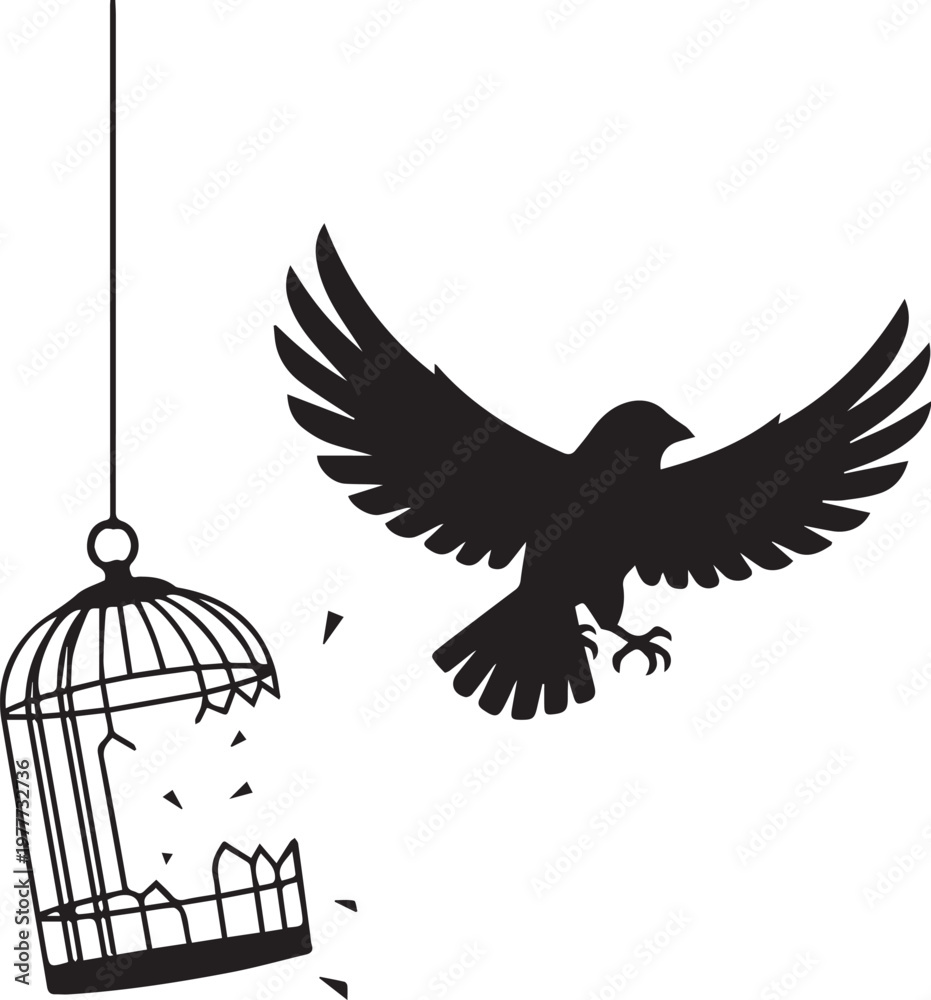 Fototapeta premium Bird Escaping from Broken Hanging Cage, Dramatic Silhouette Freedom Theme black and white vector illustration 