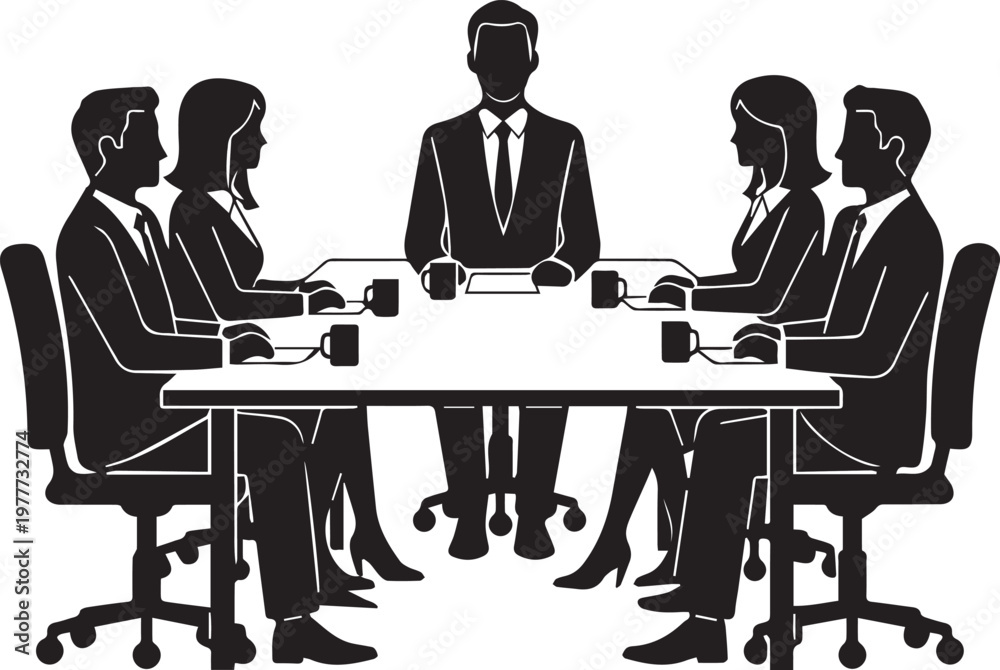 Obraz premium Five corporate professionals sitting around a conference table, collaborative meeting scene black and white vector illustration 