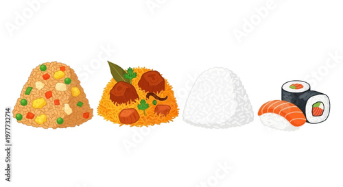 Set of various rice dishes including fried rice, biryani, plain rice and sushi