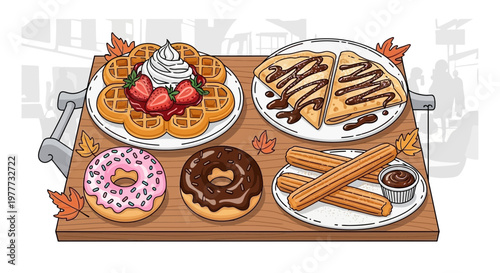 Assorted sweet desserts including waffles, crepes, donuts, and churros