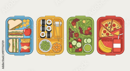 Set of four colorful bento lunch boxes with various healthy and tasty food