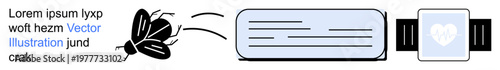 Technology, communication, health monitoring, digital devices, smart tech, fitness. an insect, a text message and a smartwatch display. Communication and technology interplay concept
