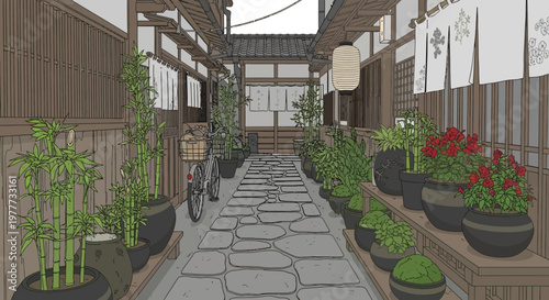 Narrow Alleyway with Potted Plants and Traditional Japanese Architecture