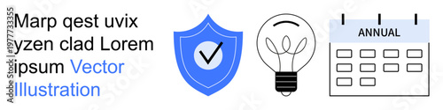 Cybersecurity, brainstorming, planning, yearly events, data protection, productivity. Shield with checkmark, lightbulb and annual calendar. Cybersecurity and brainstorming concept