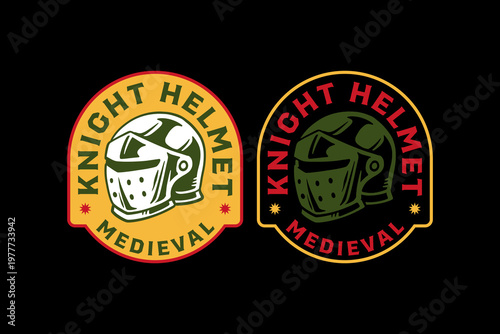 Knight helmet retro badge logo design set for merchandise. Medieval headgear vintage patch symbol pack for game. Crusader helmet rustic emblem element designs for historical. Bascinet, Sallet shield