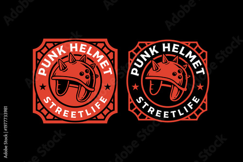 Punk headgear retro badge logo design set for street culture. Spiked helmet vintage patch symbol pack for edgy fashion. Street edgy helmet rustic emblem element designs for streetwear and urban