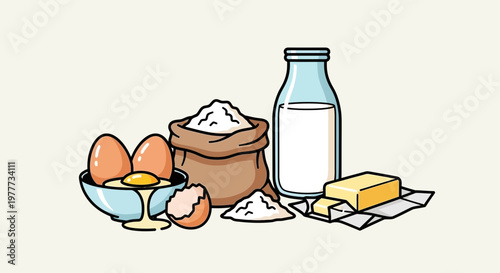 Set of basic baking ingredients including eggs, flour, milk and butter