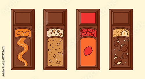Set of four different chocolate bars with various fillings and toppings
