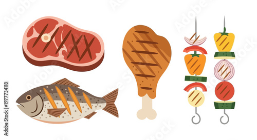 Set of grilled food items including steak, chicken leg, fish, and vegetable skewers