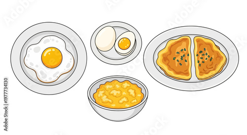 Set of different egg dishes including fried, boiled, omelet and scrambled eggs