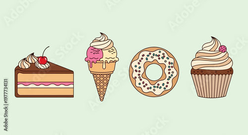 Set of delicious desserts including cake slice, ice cream, donut and cupcake