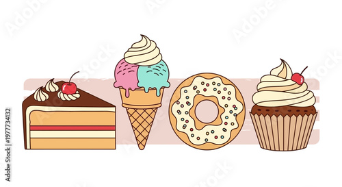 Set of delicious desserts including cake slice, ice cream, donut and cupcake
