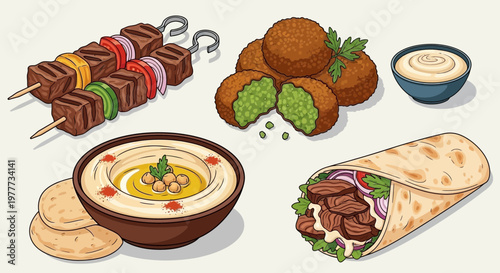 Middle eastern food set with hummus, falafel, meat skewers and shawarma wrap