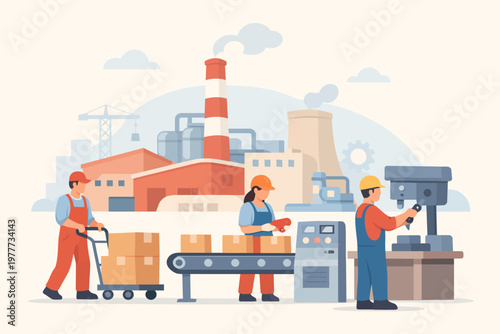 Dedicated factory workers collaborating on an assembly line, overseeing production processes in a bustling industrial environment with modern machinery
