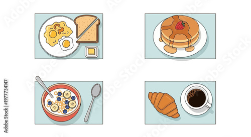 Set of four different breakfast options including eggs, pancakes, cereal and coffee