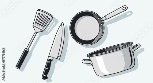 Set of kitchen utensils and cookware including a spatula, knife, pan, and pot