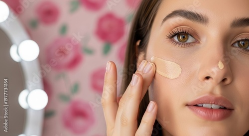 A young Caucasian woman with long brown hair applies foundation to her face in front of a mirror. The background features a floral pattern.