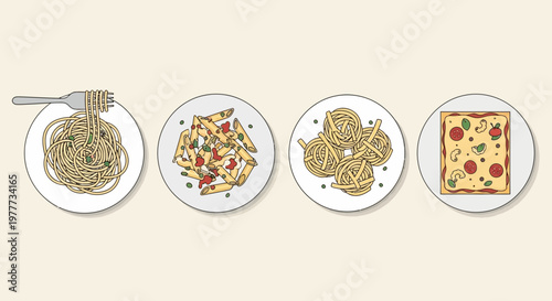 Set of various italian pasta dishes and pizza on plates