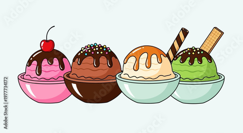 Set of four different ice cream scoops in bowls with toppings